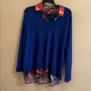Investments Royal Blue Layered Blouse with Floral Accent